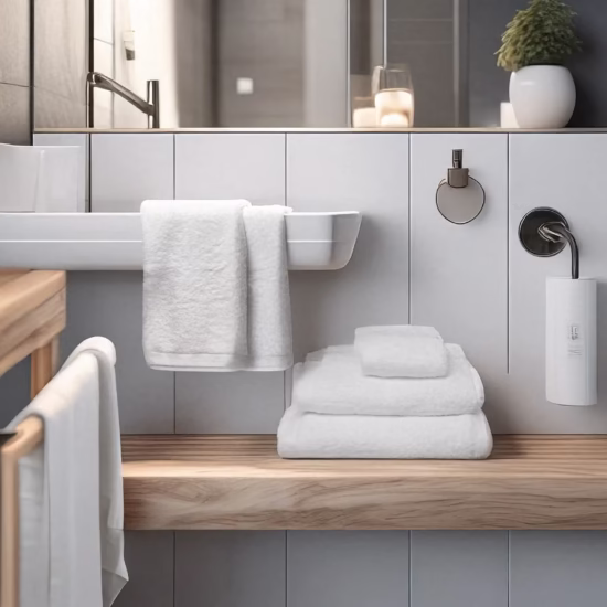 Casa de banho moderna com toalhas brancas empilhadas e decoração minimalista.