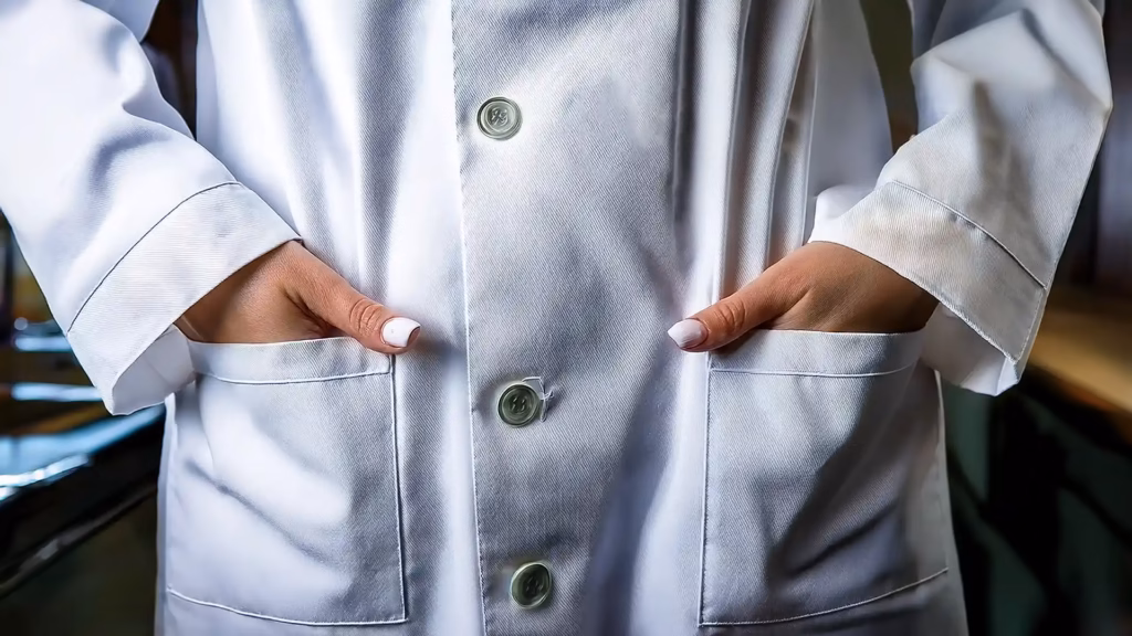 Descubra o modelo Hotelaria 360º: como alinhar roupa de cama, toalhas e fardas para otimizar operações, reduzir custos e melhorar as reviews do seu hotel. 7 Detalhes dos bolsos e botões de uma bata profissional usada por uma funcionária.